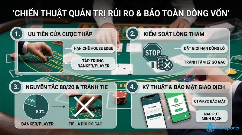Chiến thuật quản trị rủi ro và bảo toàn vốn: ưu tiên Banker/Player, kiểm soát lòng tham, áp dụng 80/20, bảo mật giao dịch OTP/KYC