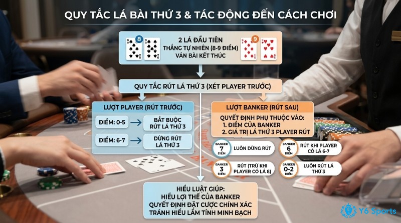 Quy tắc lá bài thứ 3 Baccarat, sơ đồ luật rút bài chi tiết cho Player và Banker, giúp hiểu lợi thế và quyết định đặt cược trong cược banker player tie baccarat