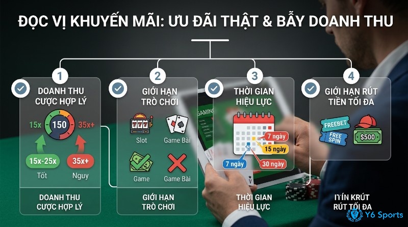 Hướng dẫn kiểm tra khuyến mãi: doanh thu cược hợp lý (15x-25x), giới hạn trò chơi, thời gian hiệu lực, giới hạn rút tiền tối đa