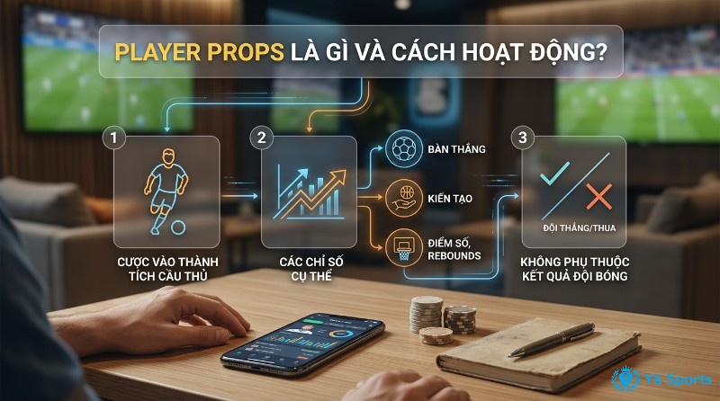 Player props giải thích cách cược vào thành tích cầu thủ như bàn thắng, kiến tạo, điểm số, không phụ thuộc kết quả đội bóng trong player props là gì