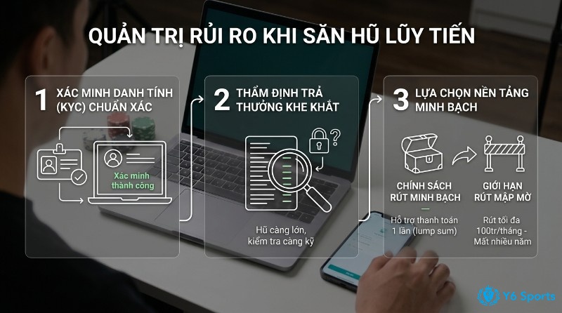 Quản trị rủi ro săn hũ lũy tiến với 3 bước: xác minh danh tính KYC, thẩm định trả thưởng khắt khe, chọn nền tảng minh bạch hỗ trợ thanh toán một lần