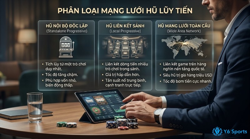 Phân loại mạng lưới hũ lũy tiến: Standalone, Local, WAN với đặc điểm tích lũy, giá trị giải thưởng, và tốc độ bơm tiền, hiển thị trên tablet trong progressive jackpot slot là gì