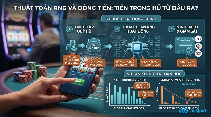 RNG và hũ lũy tiến: Quỹ hũ trích 1-5% cược, RNG tạo số ngẫu nhiên, chứng nhận quốc tế. RTP slot lũy tiến 90% thấp hơn 96%, ít thắng nhỏ, bào vốn nhanh