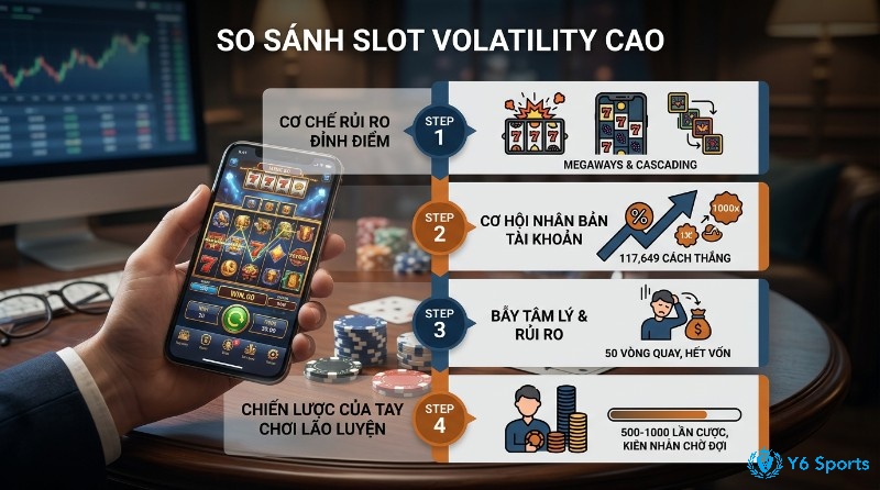 So sánh slot volatility cao: cơ chế Megaways, Cascading, cơ hội nhân bản tài khoản 1000x, bẫy tâm lý 50 vòng hết vốn, chiến lược 500-1000 lần cược