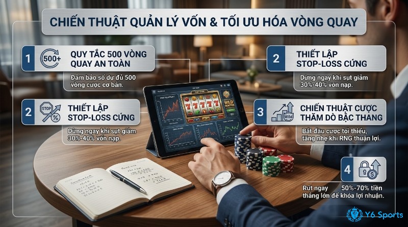 Chiến thuật quản lý vốn và tối ưu hóa vòng quay với 4 nguyên tắc: 500 vòng quay an toàn, stop-loss 30-40%, cược thăm dò, rút 50-70% lợi nhuận