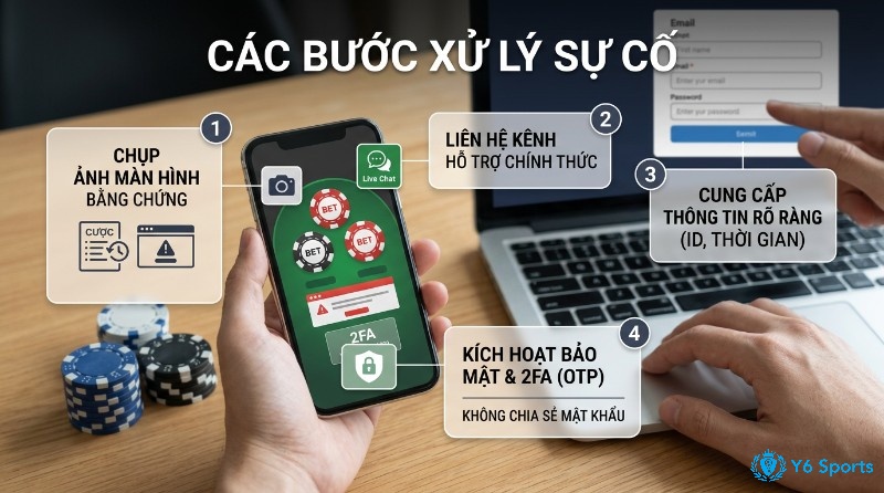 Các bước xử lý sự cố khi chơi game: chụp màn hình bằng chứng, liên hệ hỗ trợ qua Live Chat, cung cấp ID và thời gian, kích hoạt bảo mật 2FA