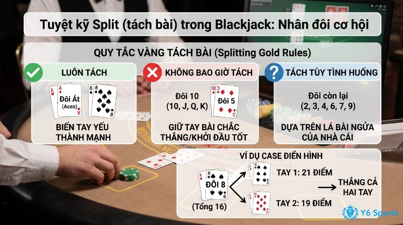 Quy tắc tách bài Blackjack: Luôn tách đôi Át, đôi 8; không tách đôi 10, đôi 5. Tách các đôi khác tùy lá bài nhà cái. Ví dụ tách đôi 8 thành 21 và 19 điểm